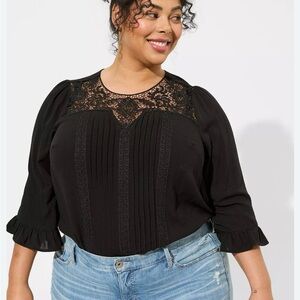 Torrid‎ Black Washable Gauze Crochet Neck 3/4 Sleeve Blouse